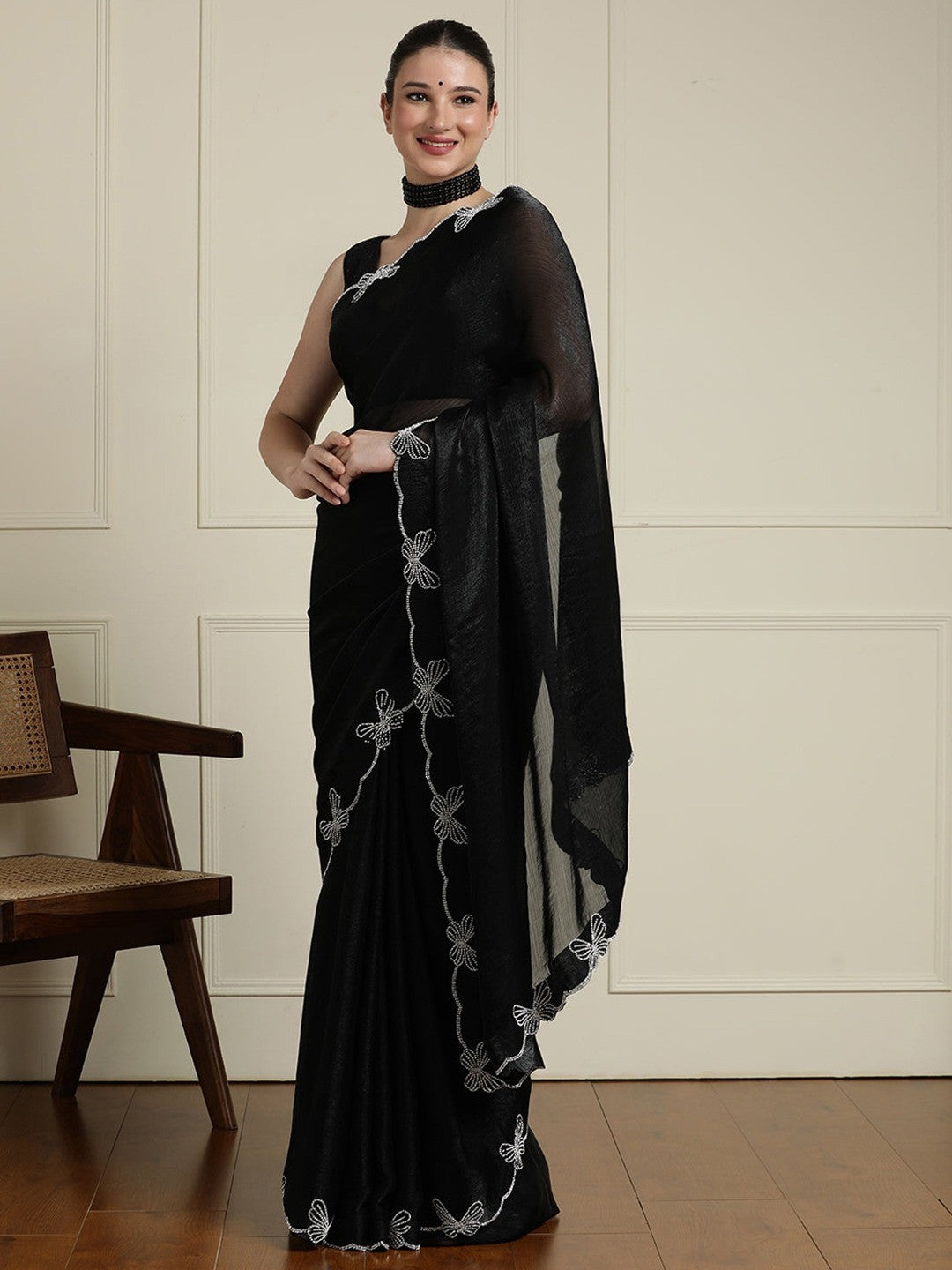 Elegant Black Satin Saree with Delicate Embellished Border - Image 2