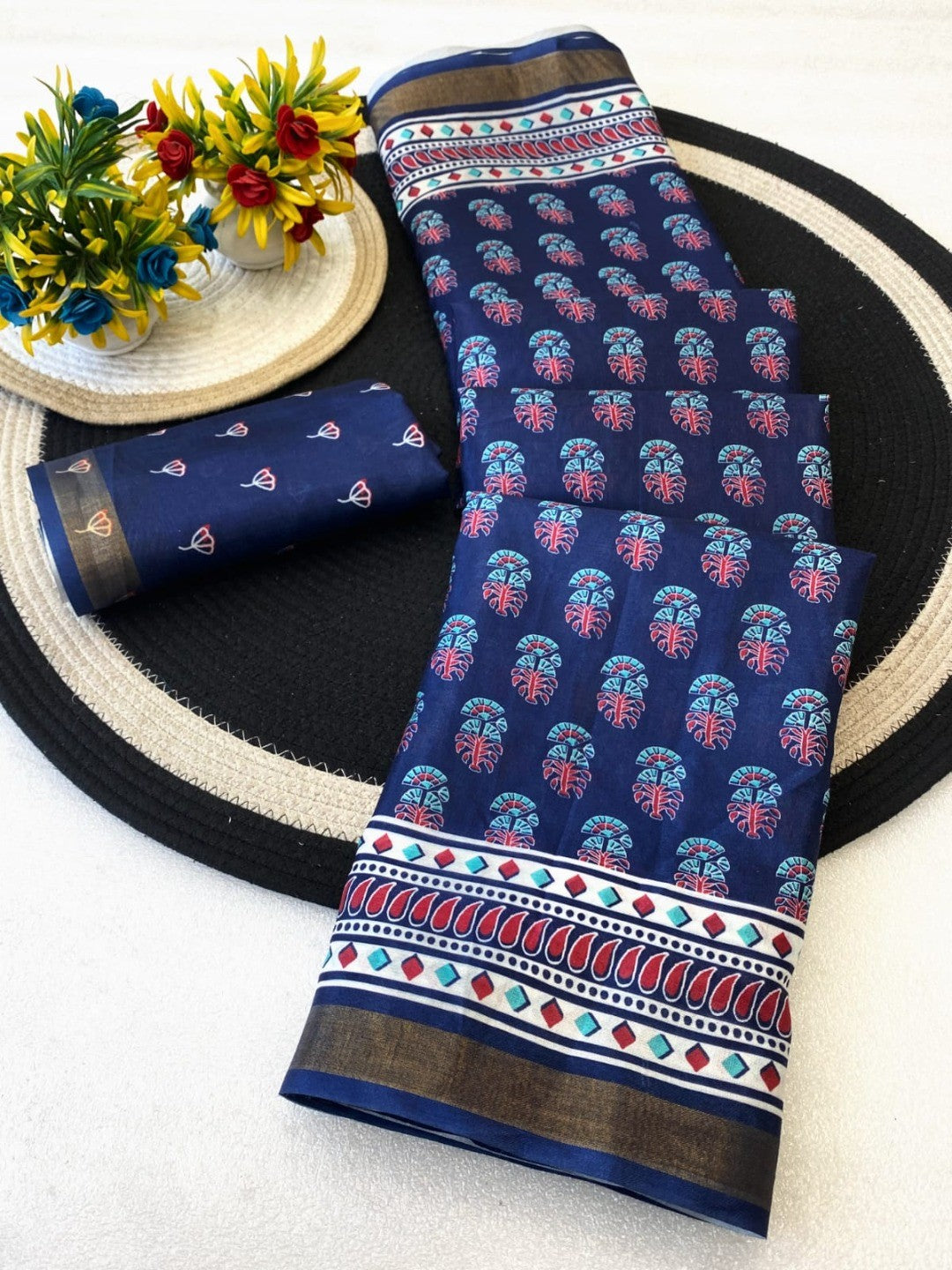 Navy Blue Mulmul Cotton Saree with Ajrakh Prints and Smooth Finish - Image 3