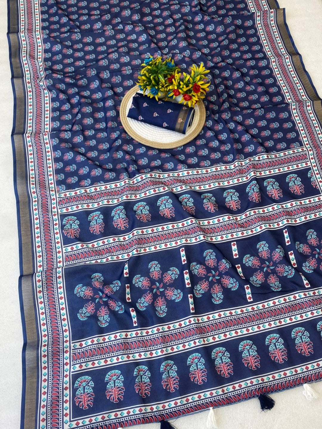 Navy Blue Mulmul Cotton Saree with Ajrakh Prints and Smooth Finish - Image 2