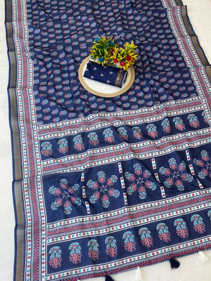 Navy Blue Mulmul Cotton Saree with Ajrakh Prints and Smooth Finish - Image 2