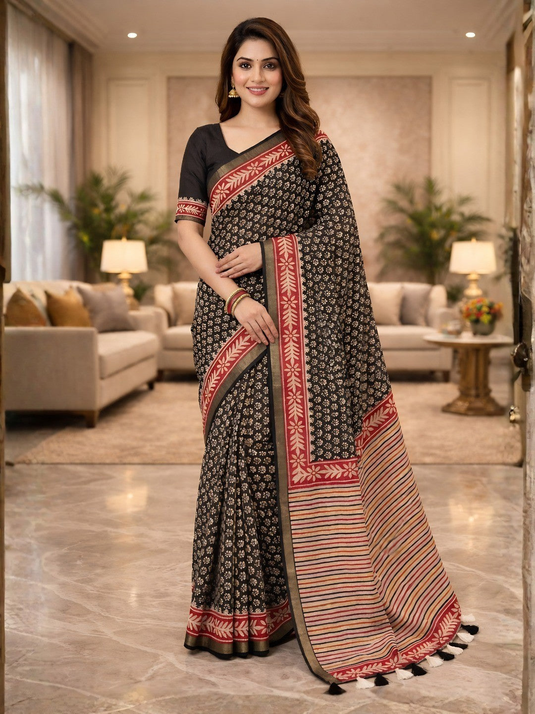 Elegant Black Floral Print Mulmul Cotton Saree with Striped Pallu - Image 1