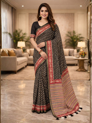 Elegant Black Floral Print Mulmul Cotton Saree with Striped Pallu - Image 1