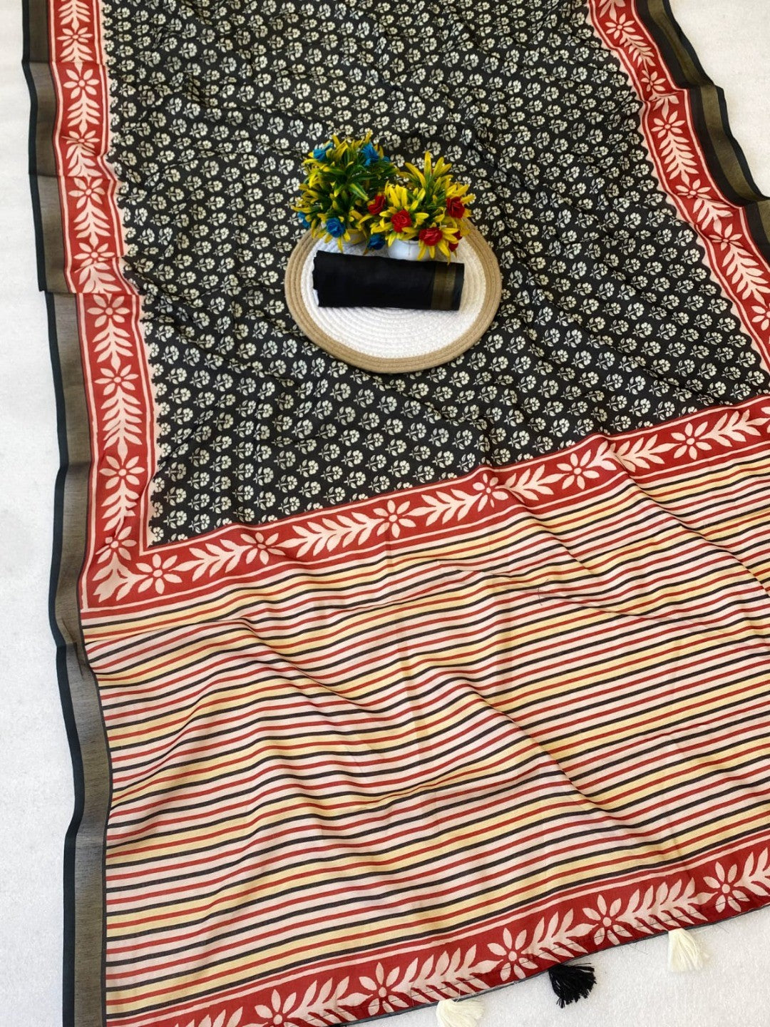 Elegant Black Floral Print Mulmul Cotton Saree with Striped Pallu - Image 2