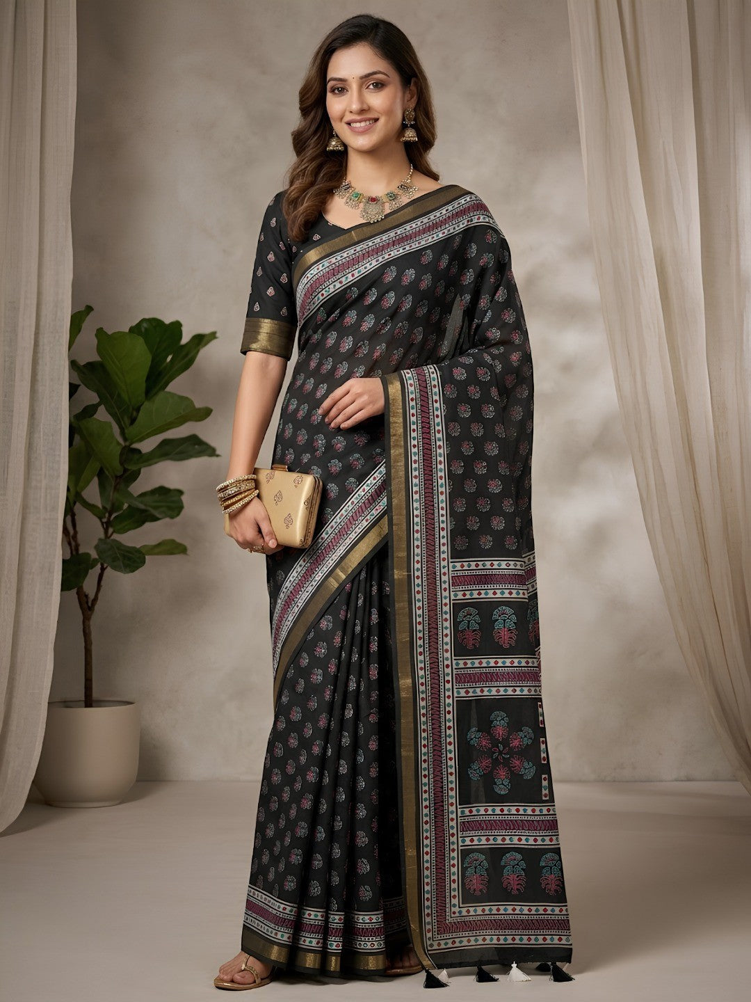 Stylish Black Mulmul Cotton Saree with Subtle Prints and Smooth Finish - Image 1