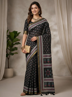 Stylish Black Mulmul Cotton Saree with Subtle Prints and Smooth Finish - Image 1