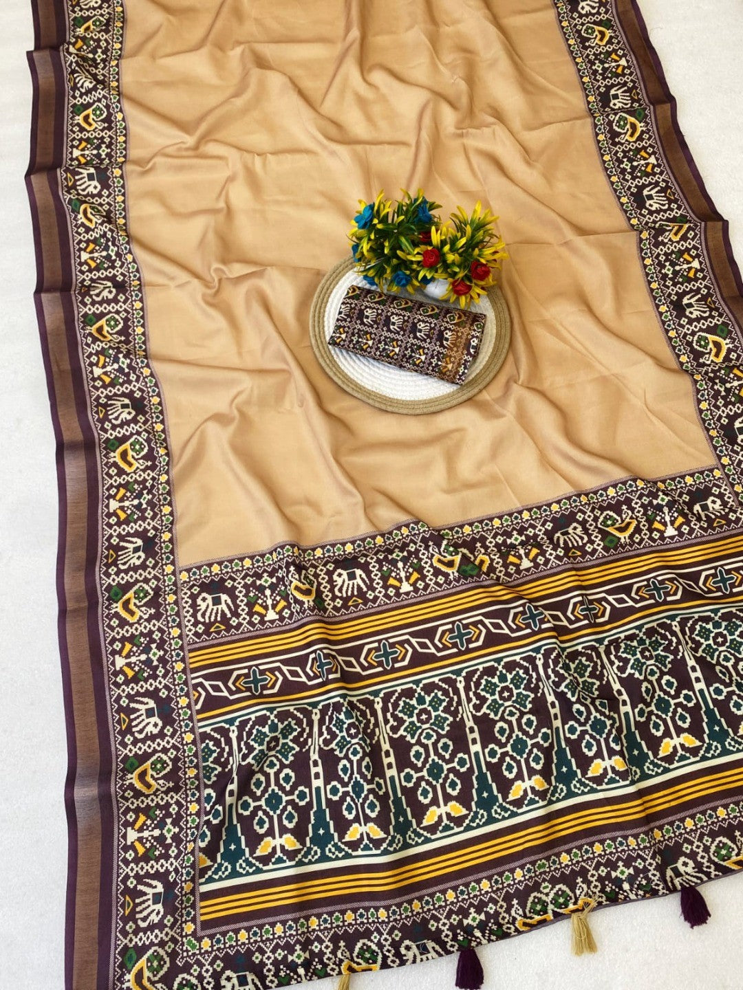 Minimal Chikoo Mulmul Cotton Saree with Subtle Ajrakh Border and Airy Texture - Image 3
