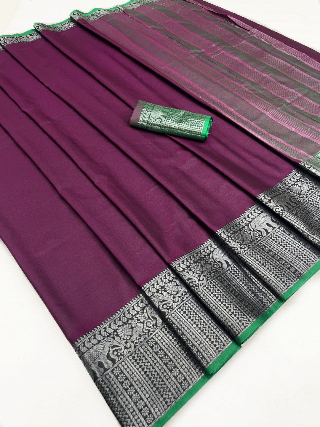 Classic Wine Plain Saree Highlighted With Silver Zari Woven Border Work - Image 3