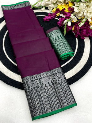 Classic Wine Plain Saree Highlighted With Silver Zari Woven Border Work - Image 2