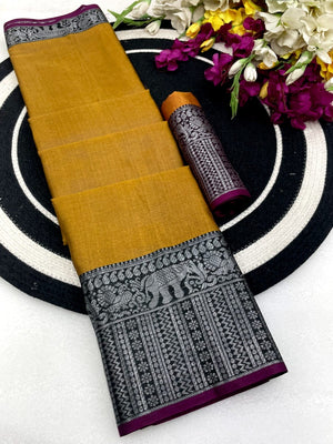 Classic Mustard Plain Saree Highlighted With Silver Zari Woven Border Work - Image 2