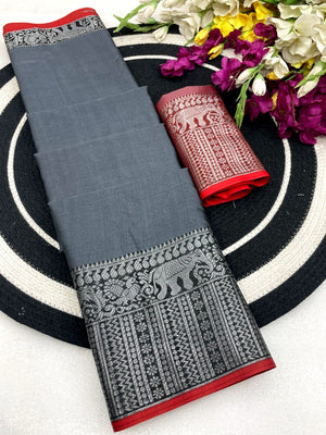 Classic Grey Plain Saree Highlighted With Silver Zari Woven Border Work - Image 2