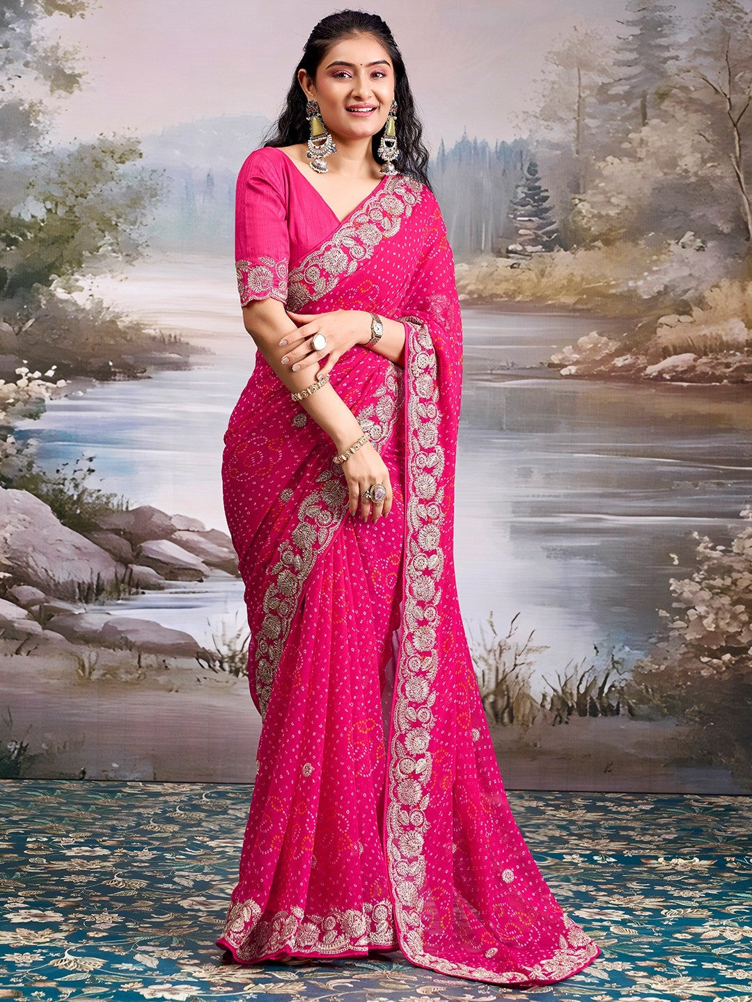 Graceful Pink Bandhani Print Georgette Saree Highlighted With Floral Embroidery Work Border - Image 1