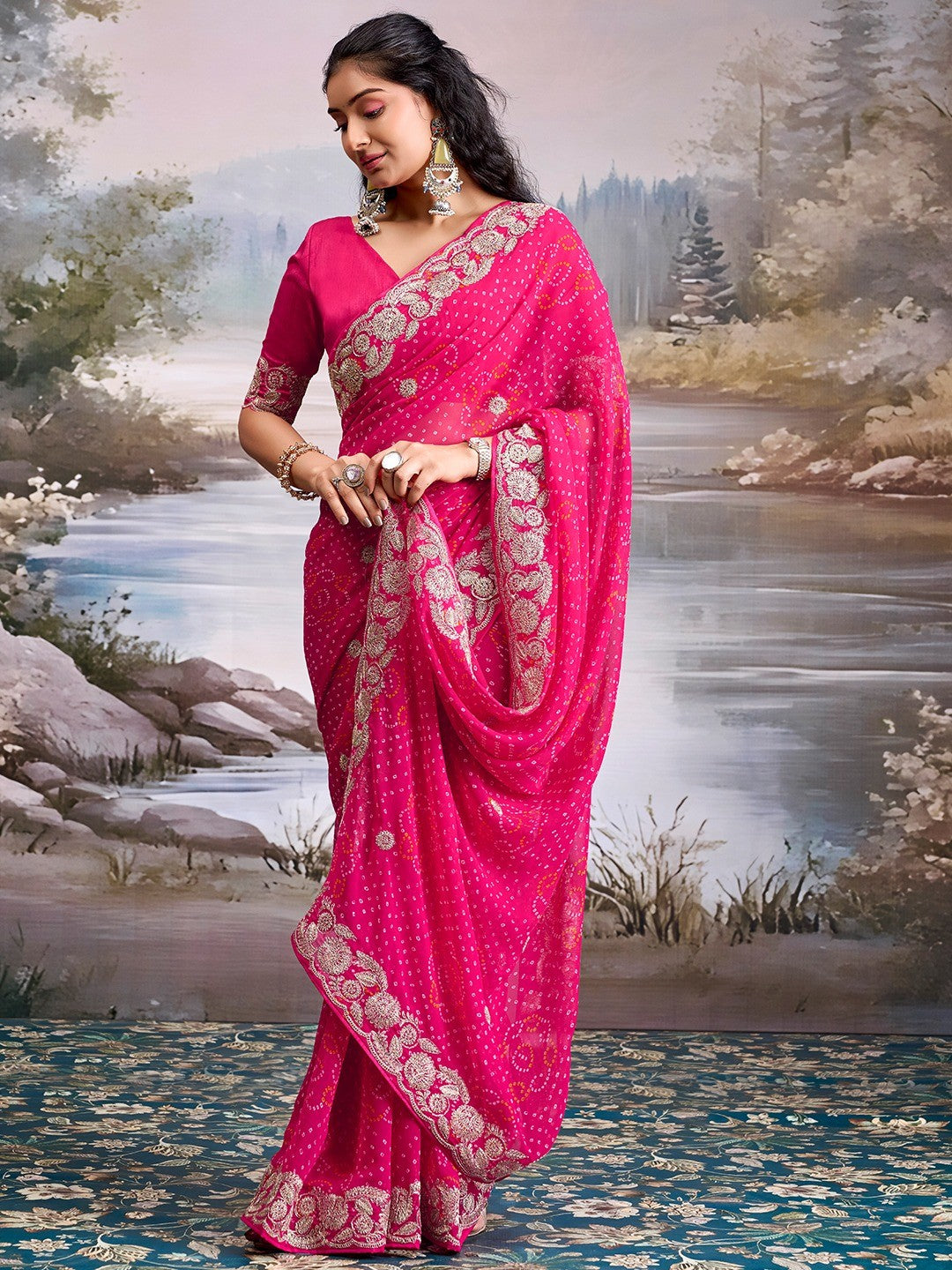 Graceful Pink Bandhani Print Georgette Saree Highlighted With Floral Embroidery Work Border - Image 5