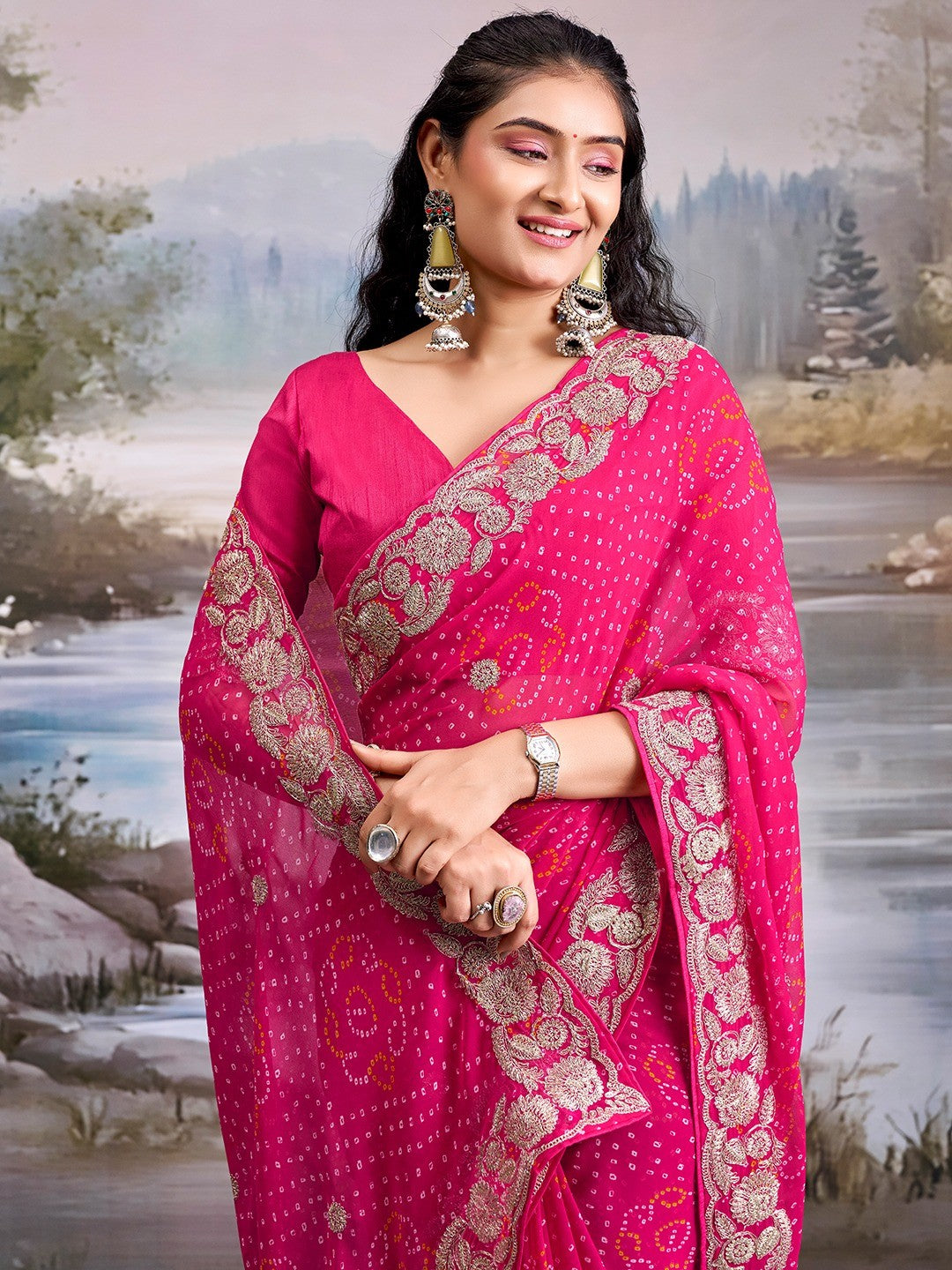 Graceful Pink Bandhani Print Georgette Saree Highlighted With Floral Embroidery Work Border - Image 3