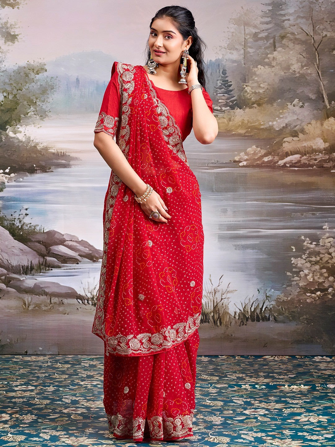 Graceful Red Bandhani Print Georgette Saree Highlighted With Floral Embroidery Work Border - Image 3