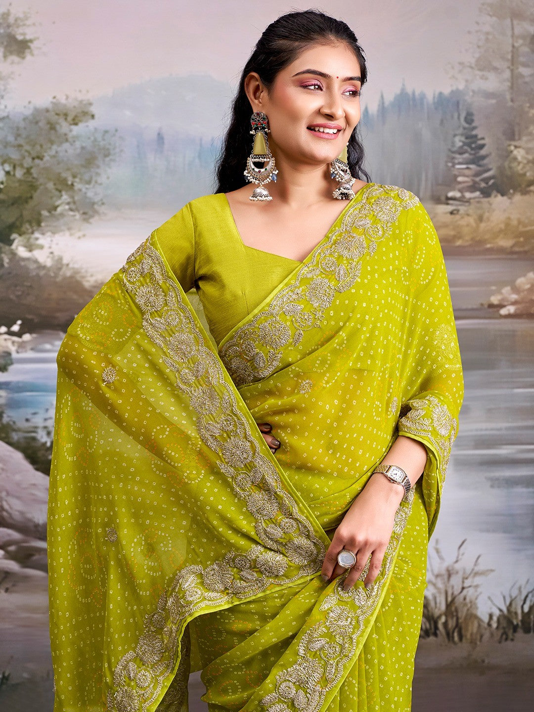 Graceful Green Bandhani Print Georgette Saree Highlighted With Floral Embroidery Work Border - Image 2
