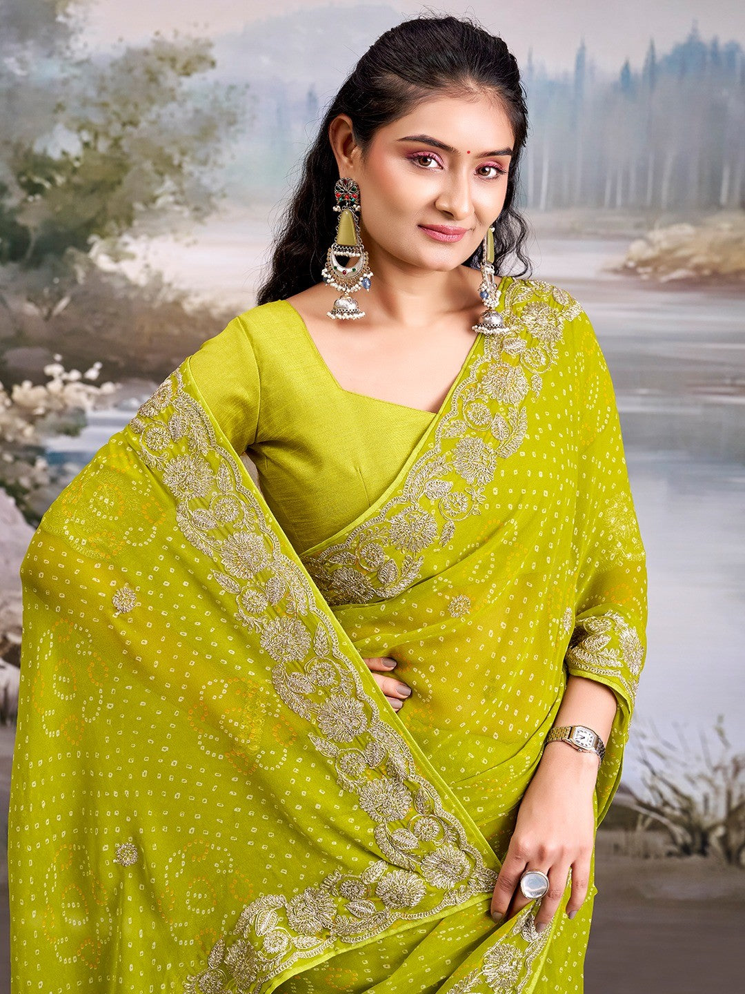 Graceful Green Bandhani Print Georgette Saree Highlighted With Floral Embroidery Work Border - Image 3