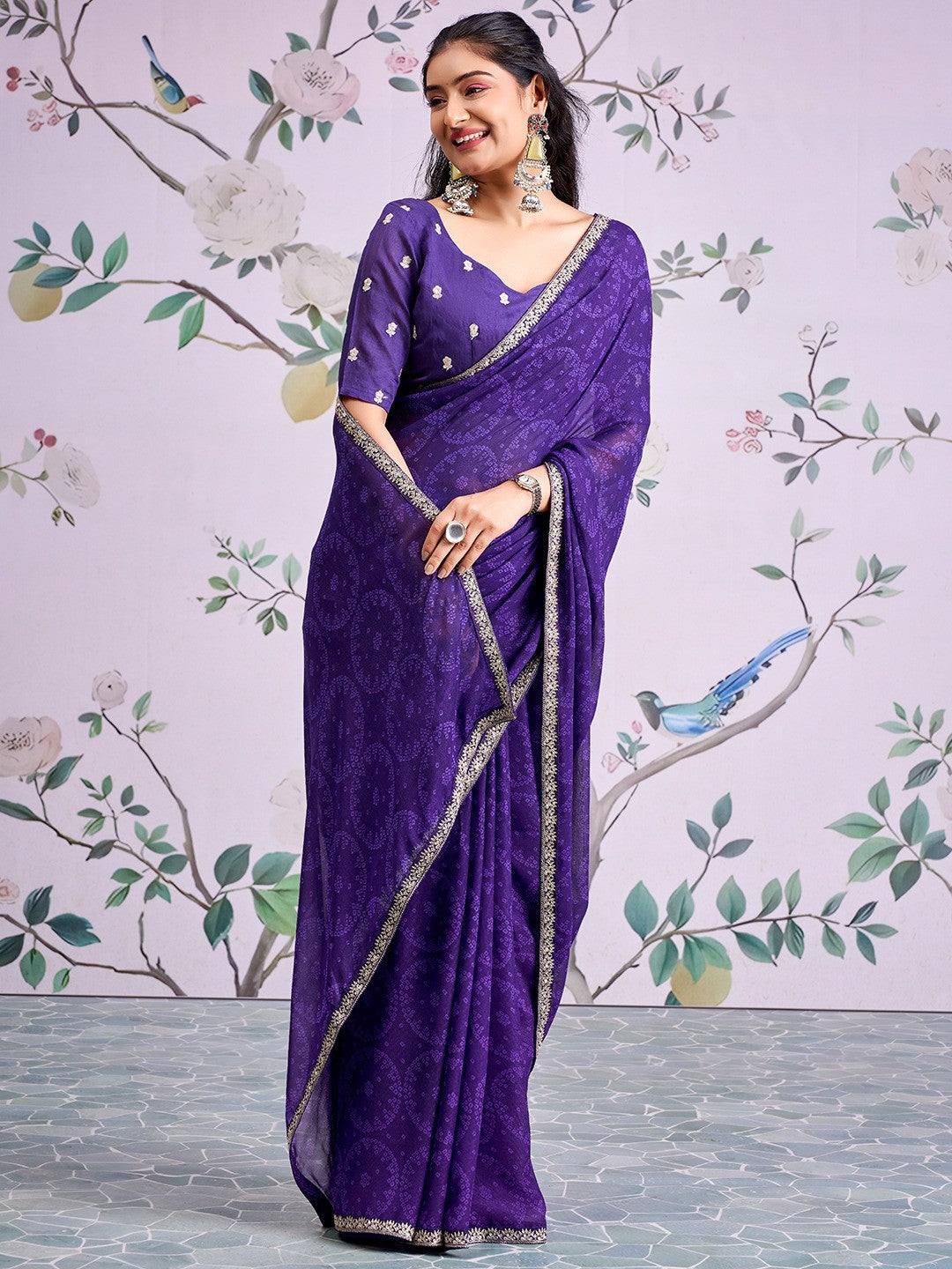 Traditional Purple Bandhani Print Georgette Saree Adorned With Floral Embroidery Border - Image 3