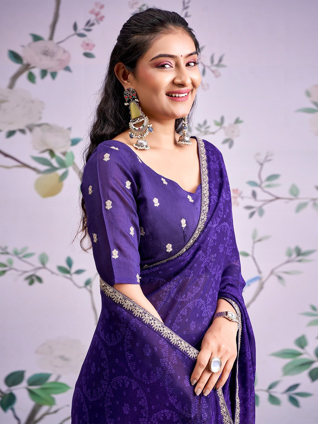 Traditional Purple Bandhani Print Georgette Saree Adorned With Floral Embroidery Border - Image 2