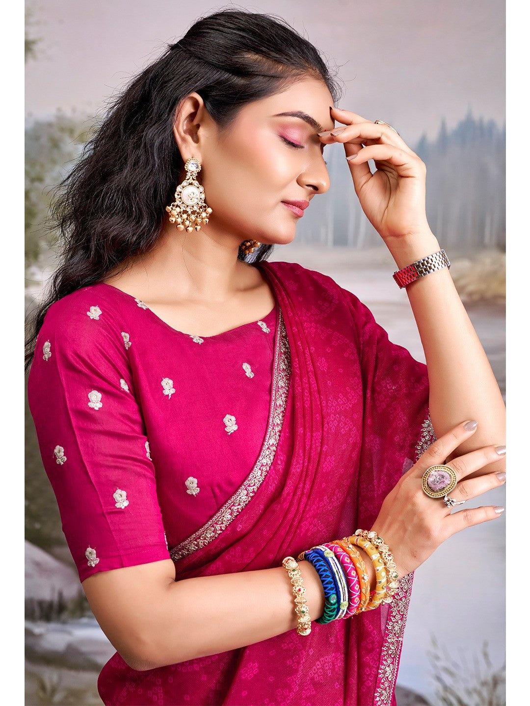 Traditional Pink Bandhani Print Georgette Saree Adorned With Floral Embroidery Border - Image 6