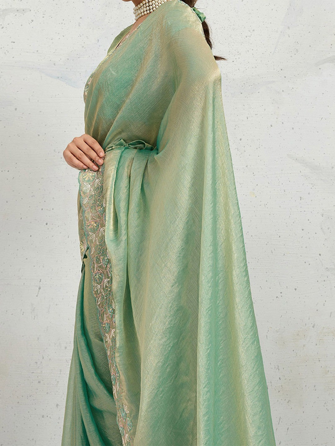 Sea Green Chiffon Saree with Delicate Embroidered Border - Image 2