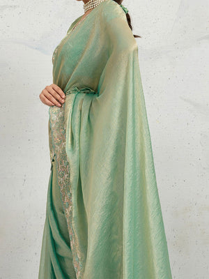 Sea Green Chiffon Saree with Delicate Embroidered Border - Image 2