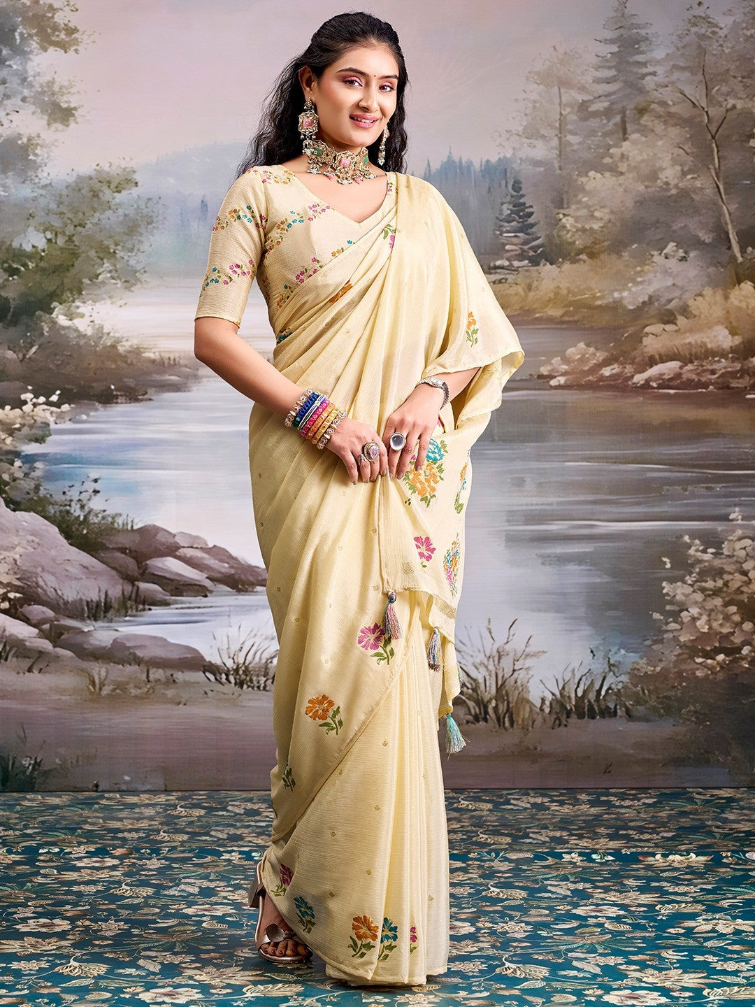 Designer Cream Floral Printed Chinon Saree With Elegant Tassel Pallu Accents - Image 3