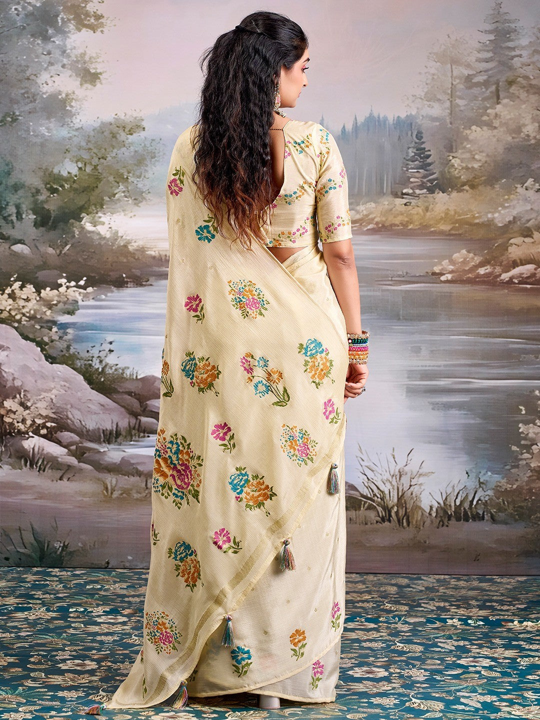Designer Cream Floral Printed Chinon Saree With Elegant Tassel Pallu Accents - Image 4