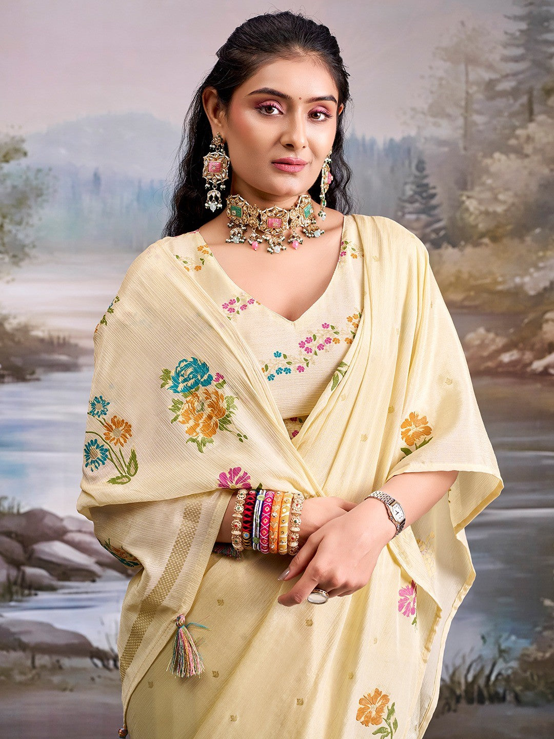 Designer Cream Floral Printed Chinon Saree With Elegant Tassel Pallu Accents - Image 6