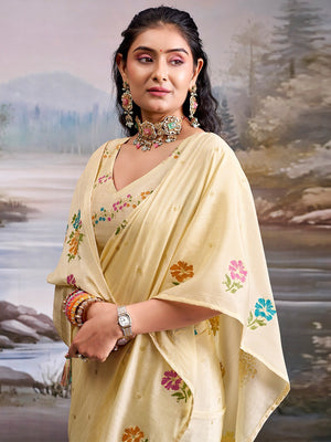 Designer Cream Floral Printed Chinon Saree With Elegant Tassel Pallu Accents - Image 2