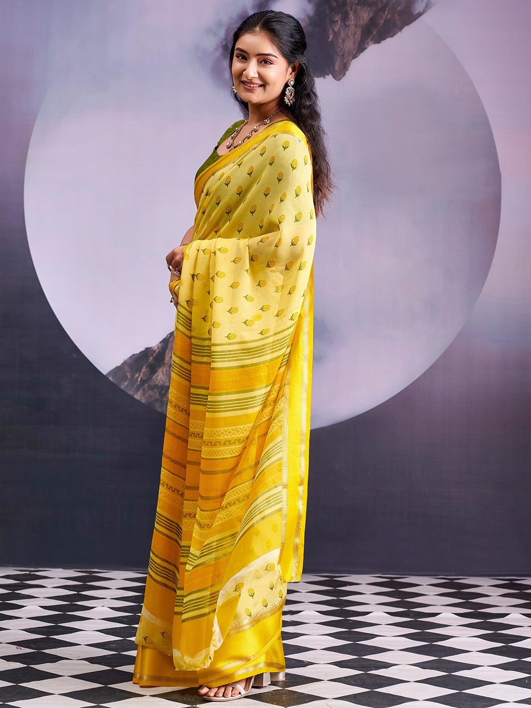 Classic Light Yellow Floral Printed Georgette Saree With Rich Zari Woven Border - Image 6