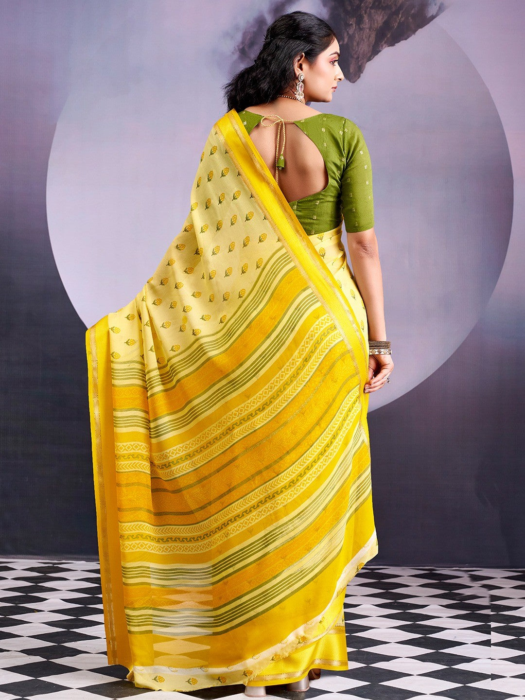 Classic Light Yellow Floral Printed Georgette Saree With Rich Zari Woven Border - Image 5