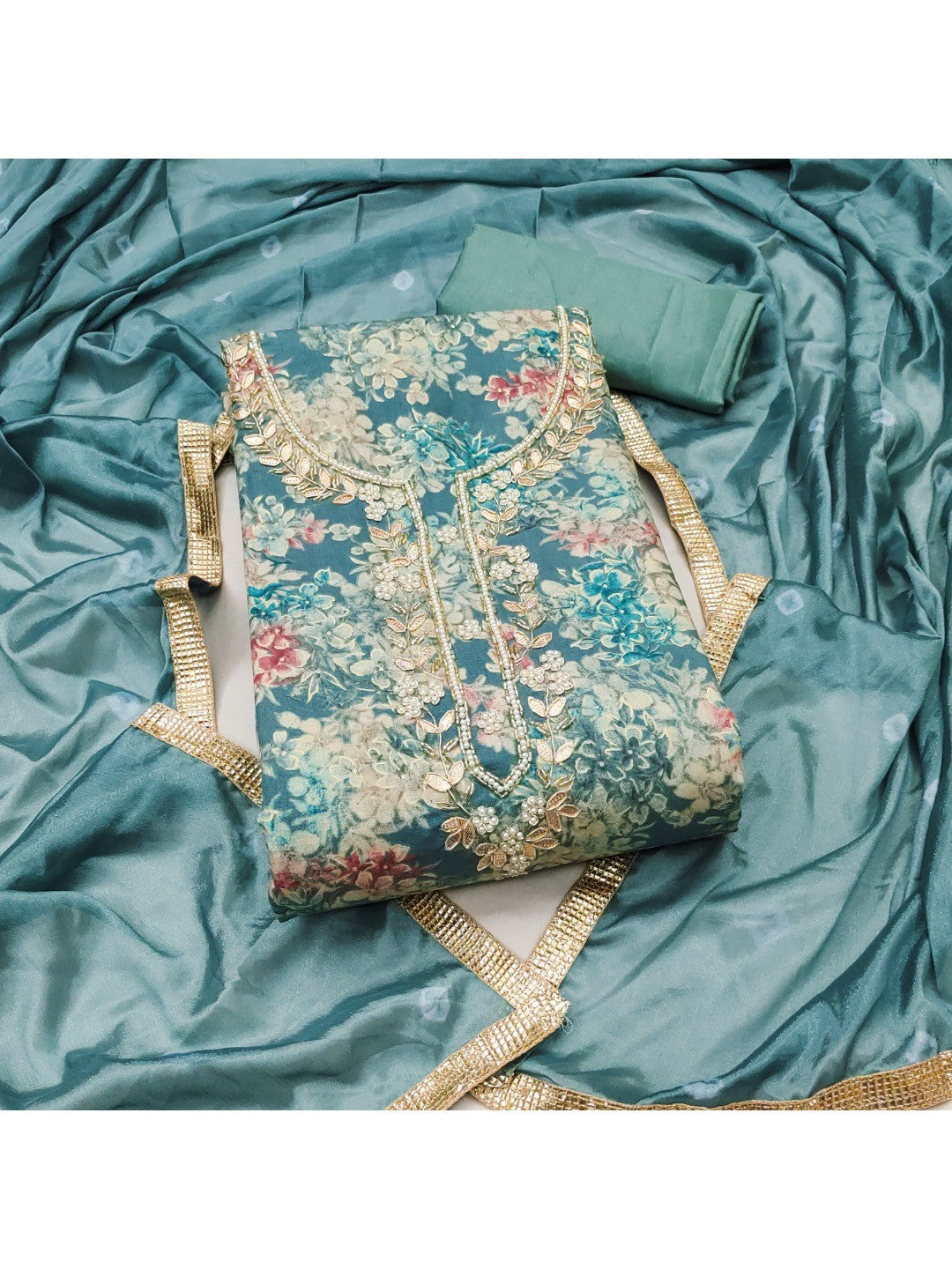 Teal Floral Chanderi Silk Dress Material with Gold Embellishments - Image 4