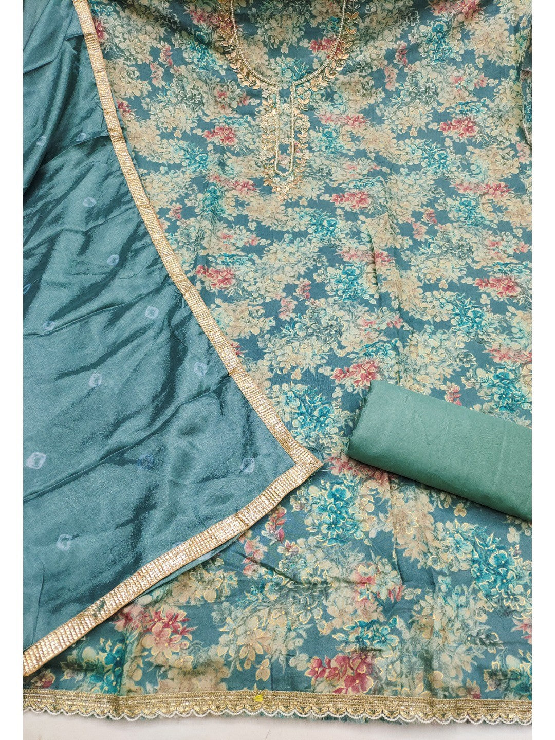 Teal Floral Chanderi Silk Dress Material with Gold Embellishments - Image 3