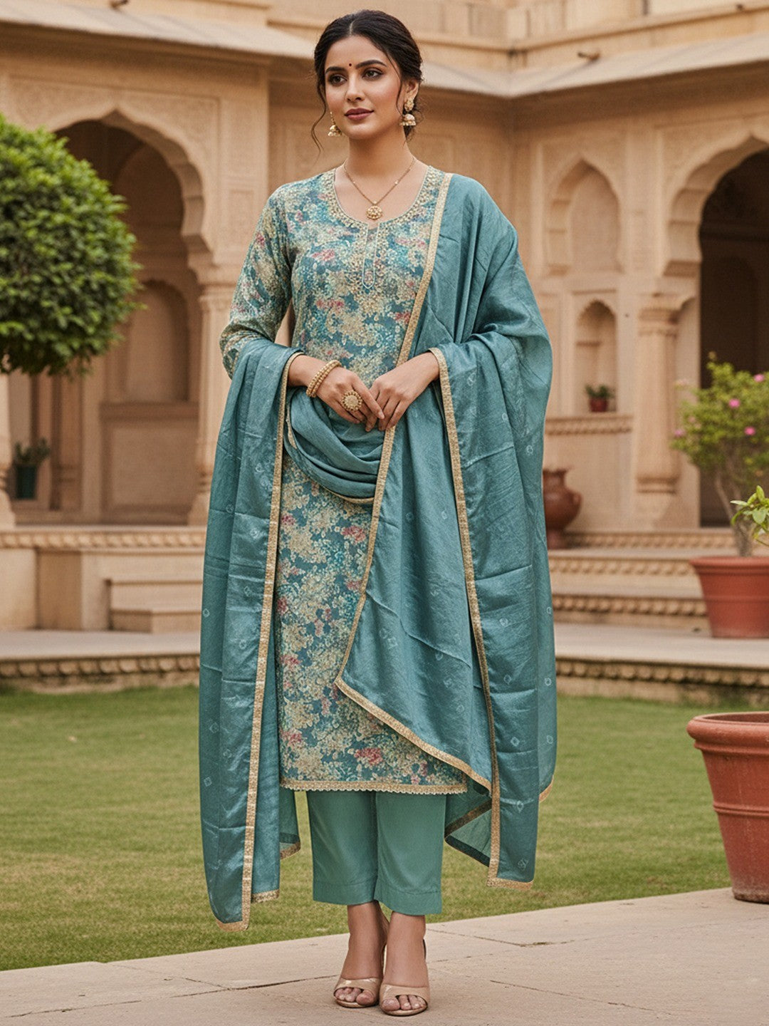 Teal Floral Chanderi Silk Dress Material with Gold Embellishments - Image 1