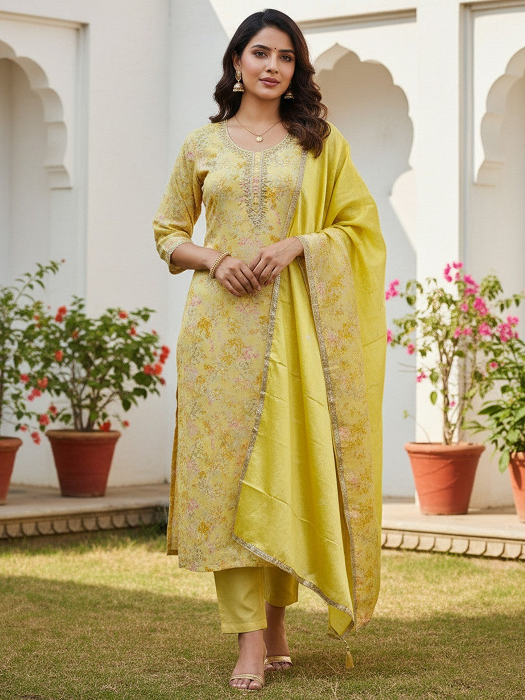 Yellow Floral Chanderi Silk Dress Material with Gold Embellishments - Image 1