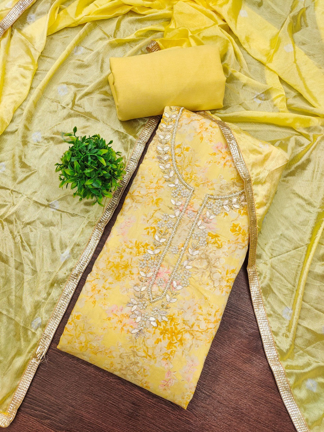 Yellow Floral Chanderi Silk Dress Material with Gold Embellishments - Image 3
