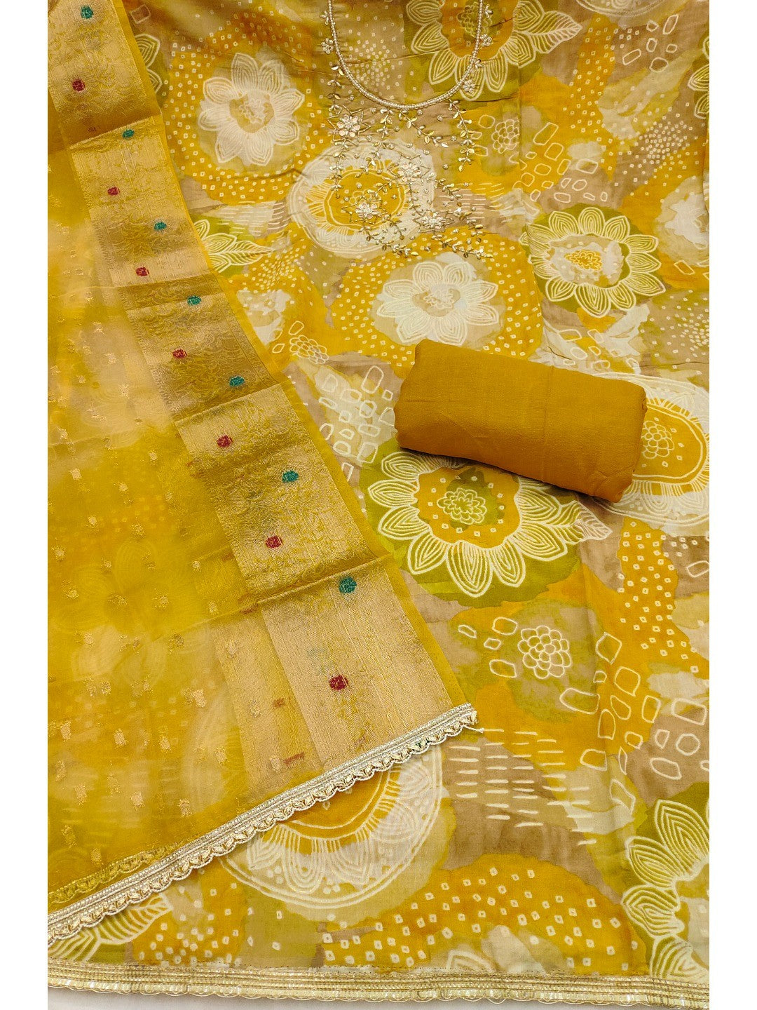Mustard Floral Print Chanderi Silk Dress Material with Dupatta - Image 3