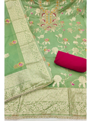 Green Cotton Silk Fabric with Elegant Zari Floral Pattern Weaving - Image 2