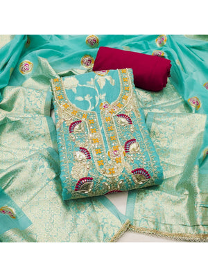 Turquoise Cotton Silk Fabric with Elegant Zari Floral Pattern Weaving - Image 1