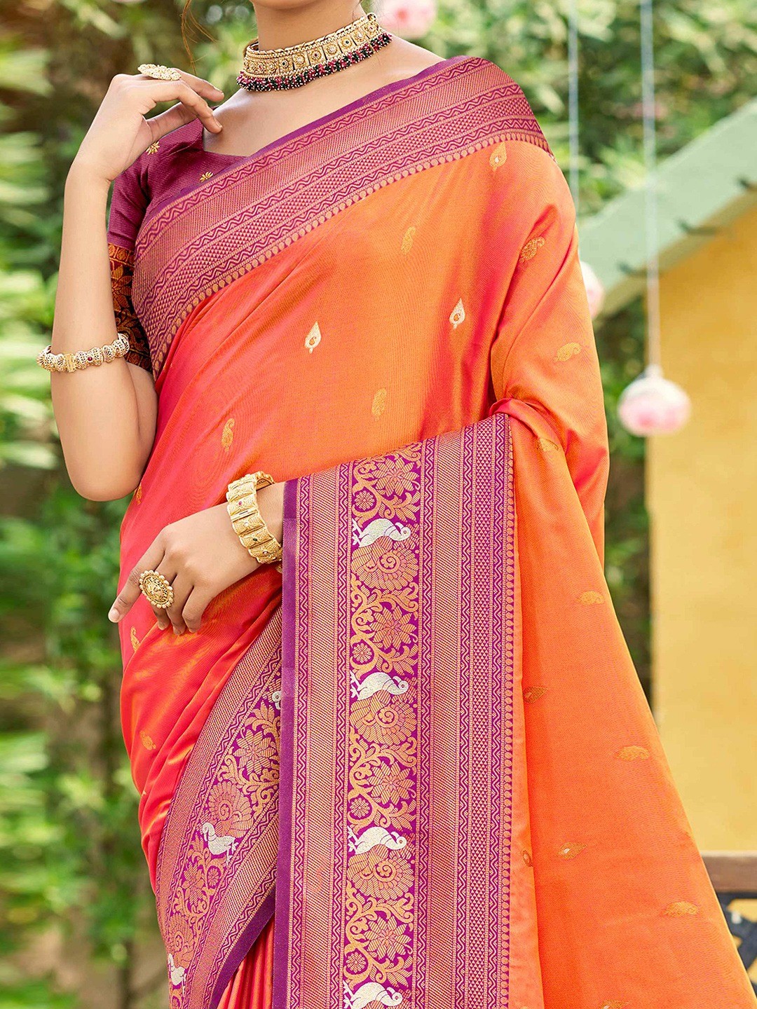 Classic Coral Orange Floral & Peacock Design Zari Woven Silk Blend Saree With Trendy Tassel Pallu - Image 3