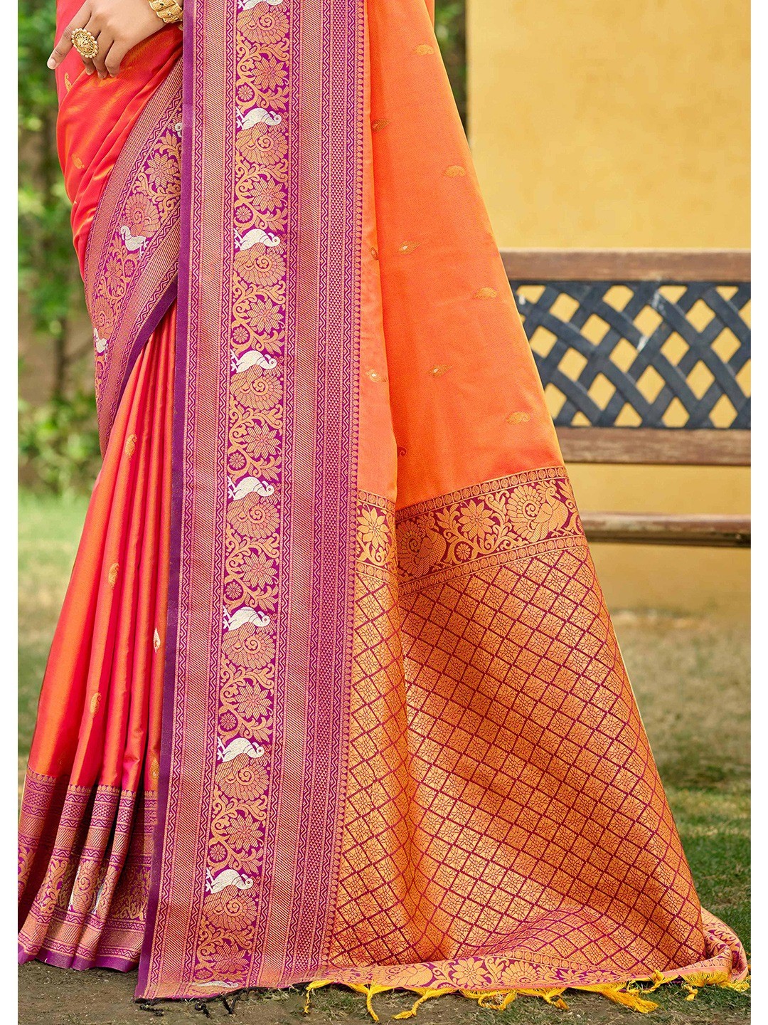 Classic Coral Orange Floral & Peacock Design Zari Woven Silk Blend Saree With Trendy Tassel Pallu - Image 2