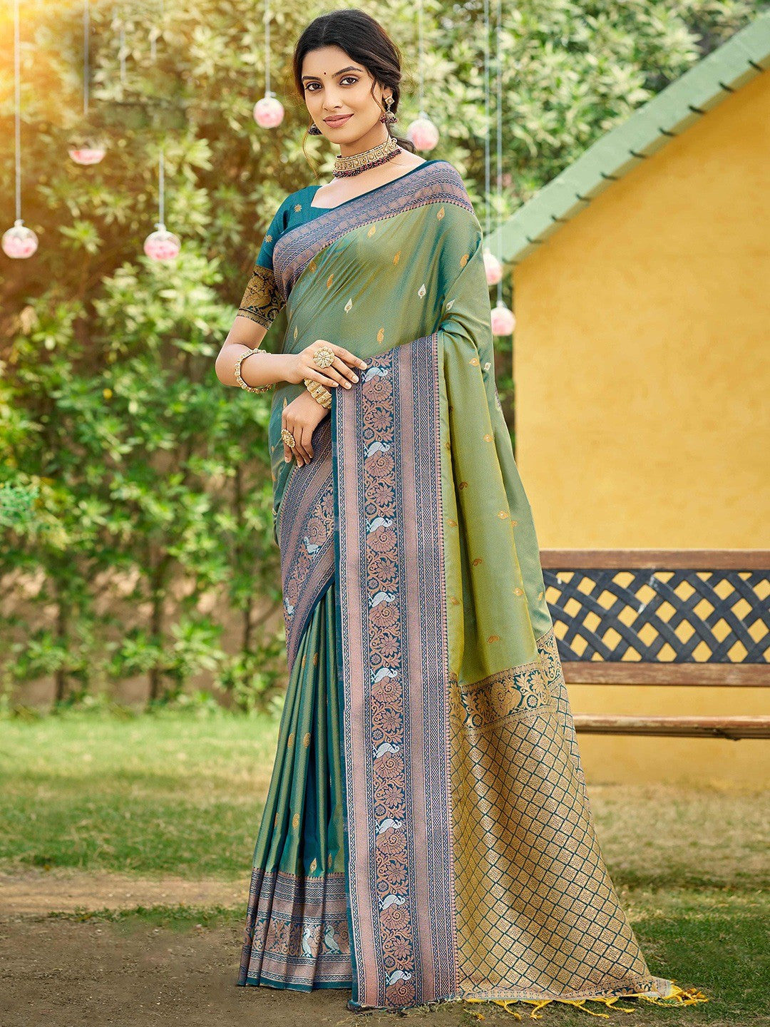 Classic Sage Green Floral & Peacock Design Zari Woven Silk Blend Saree With Trendy Tassel Pallu - Image 1