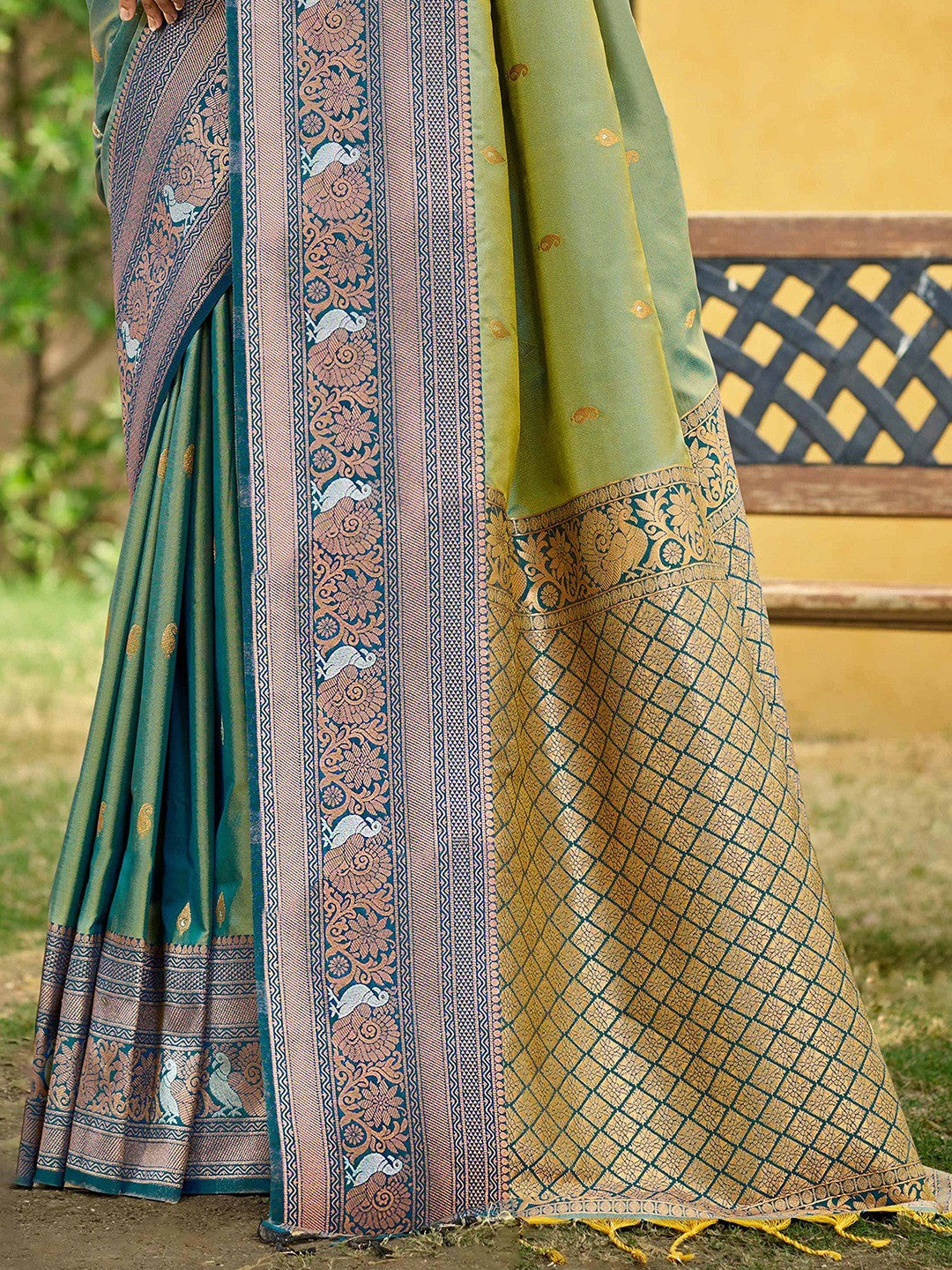 Classic Sage Green Floral & Peacock Design Zari Woven Silk Blend Saree With Trendy Tassel Pallu - Image 2