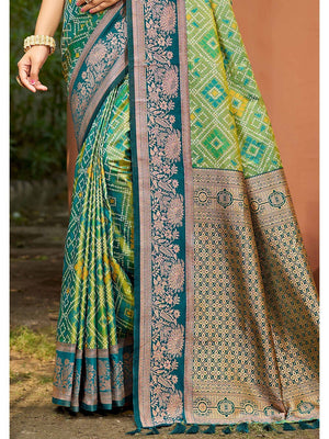 Timeless Teal Green Geometric & Floral Design Weaving Silk Blend Saree With Stylish Tassels Pallu - Image 2