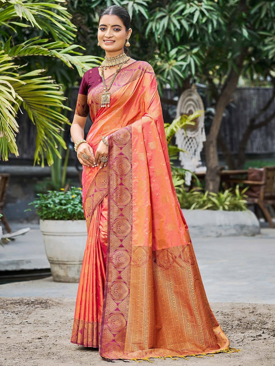 Timeless Peach Floral Zari Work Silk Blend Saree With Designer Tassels Pallu - Image 1