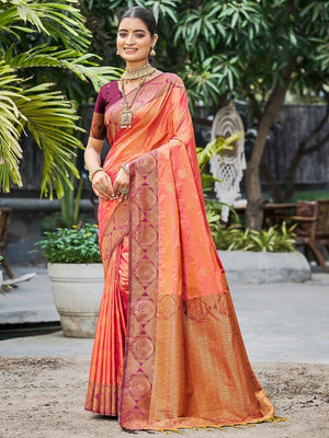 Timeless Peach Floral Zari Work Silk Blend Saree With Designer Tassels Pallu - Image 1