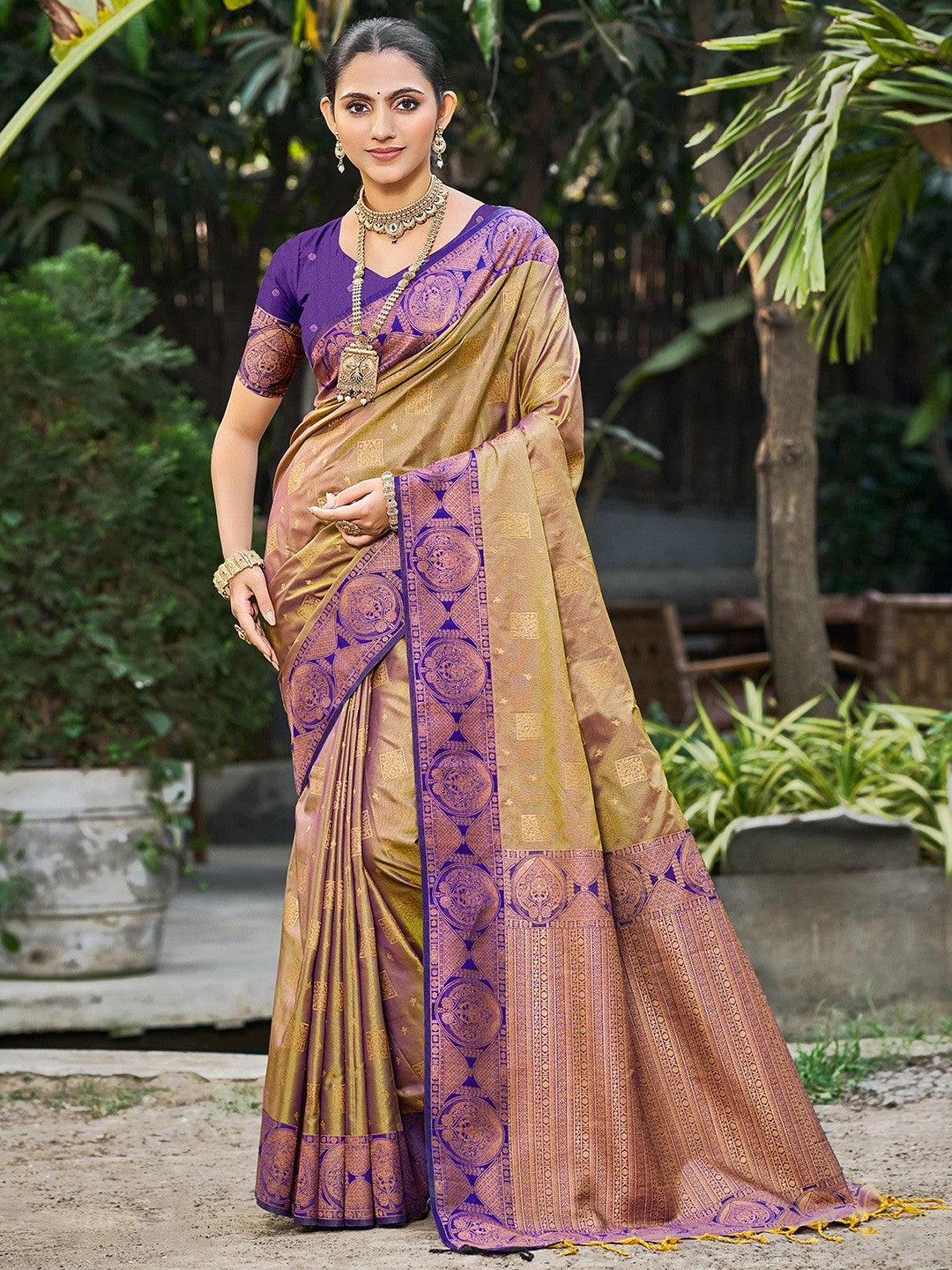Timeless Dark Beige Floral Zari Work Silk Blend Saree With Designer Tassels Pallu - Image 1