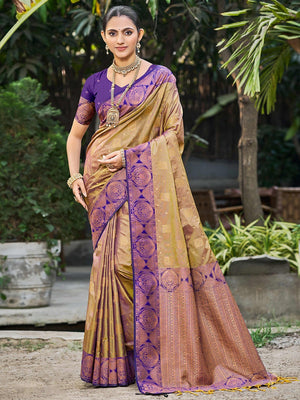 Timeless Dark Beige Floral Zari Work Silk Blend Saree With Designer Tassels Pallu - Image 1