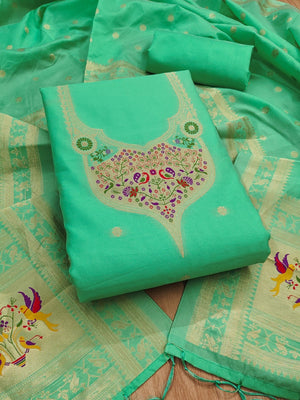 Elegant Sea Green Banarasi Silk Unstitched Dress Material with Dupatta - Image 1