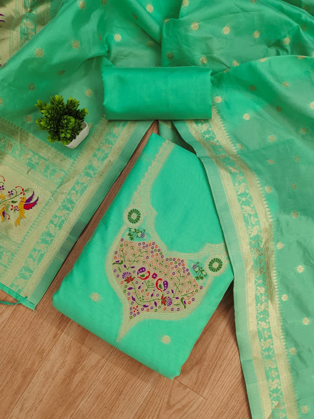 Elegant Sea Green Banarasi Silk Unstitched Dress Material with Dupatta - Image 4